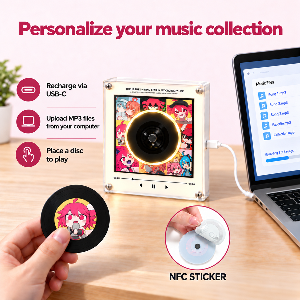 Personalize your Teto music collection: USB-C charging, upload MP3 files, and place a mini disc to play