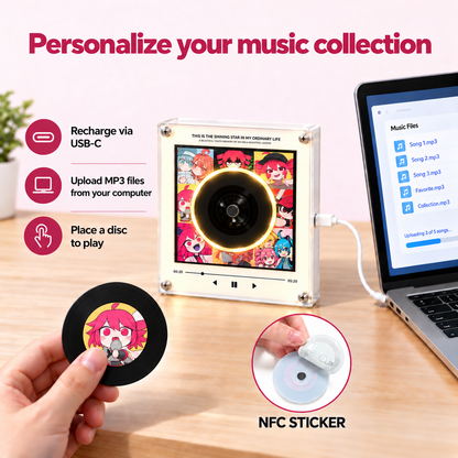 Personalize your Teto music collection: USB-C charging, upload MP3 files, and place a mini disc to play
