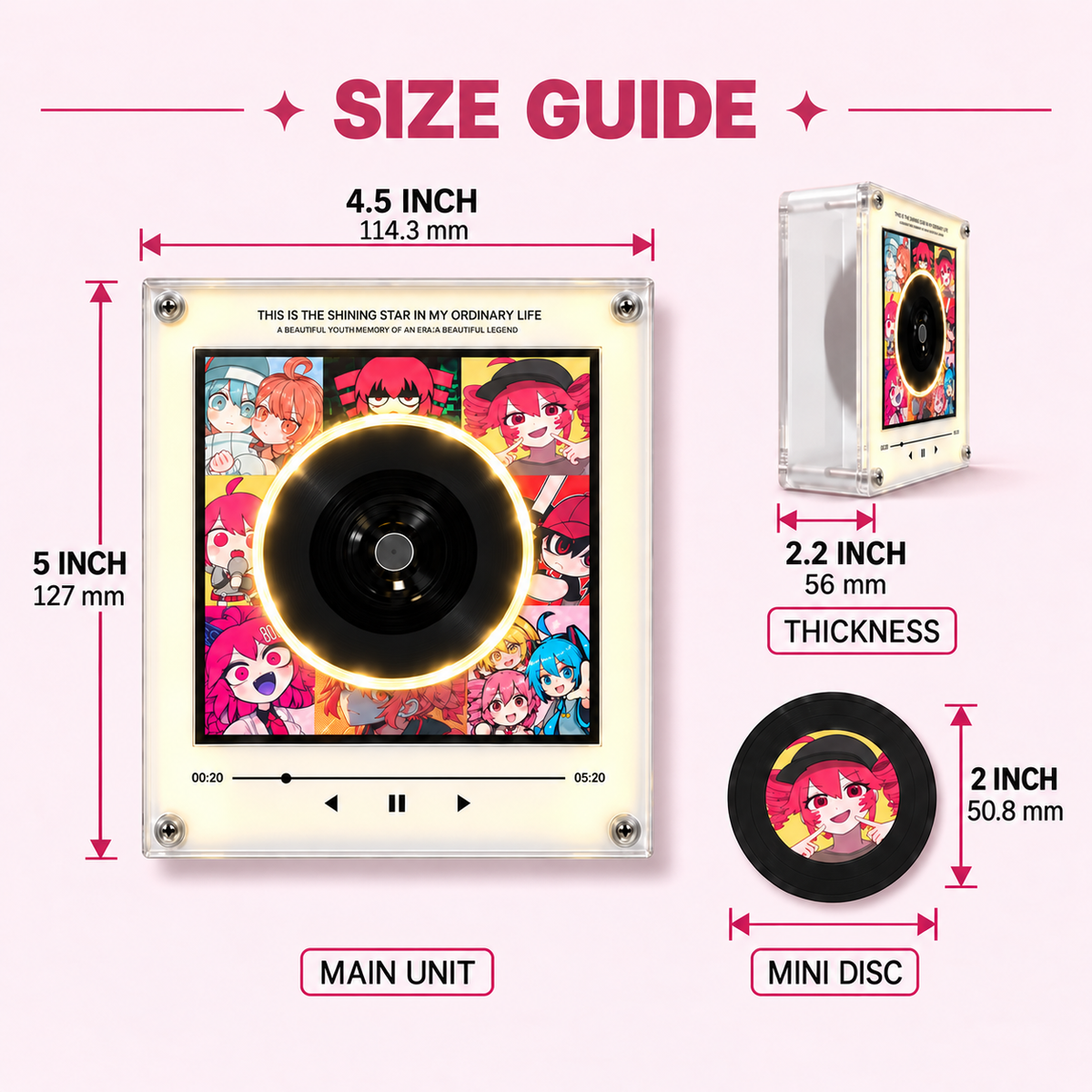 Song Collector Teto size guide for the acrylic music player and mini discs