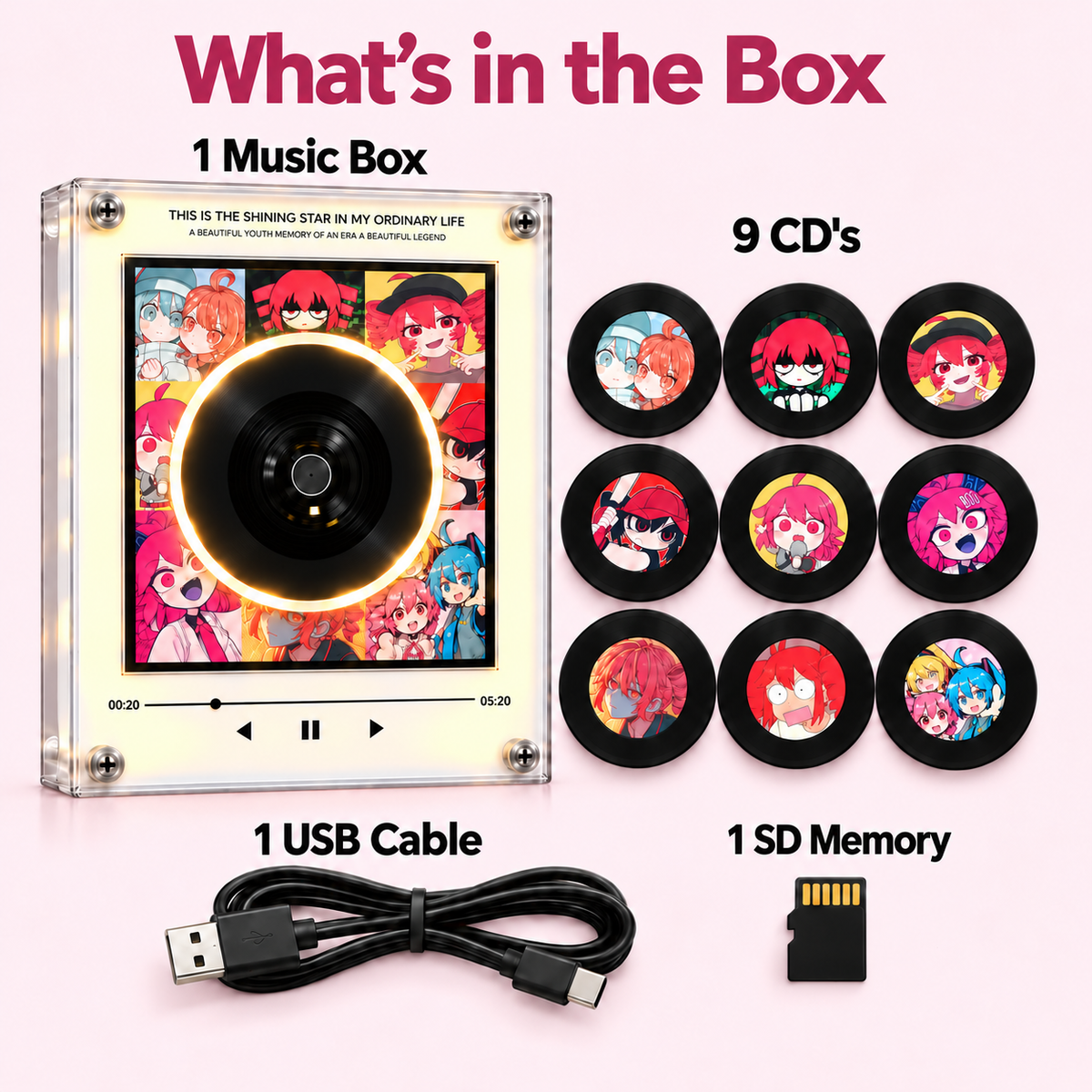 Teto music box contents: one acrylic music player, nine mini discs, USB cable and SD memory card