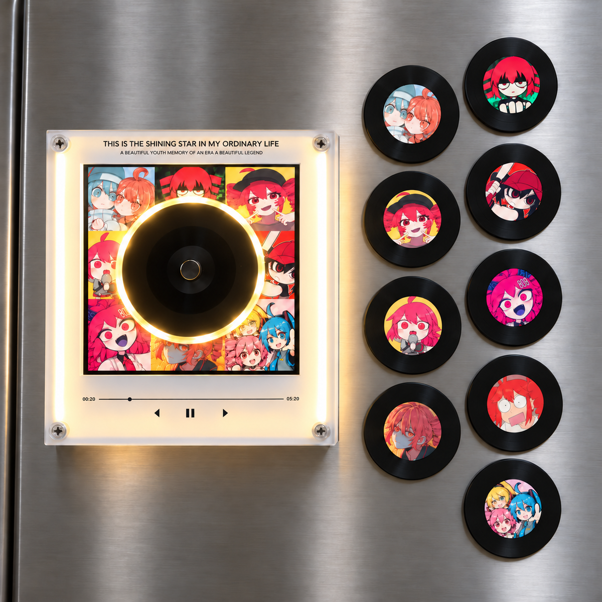 Illuminated Song Collector Teto acrylic player and nine collectible mini discs displayed on a fridge
